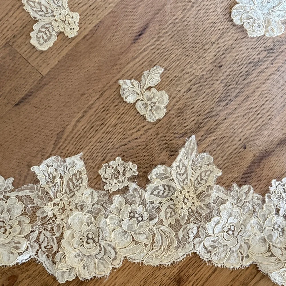 Vintage Ivory Lace-Trim Bridal Veil with Floral Appliqués, Fingertip Length - Picture 6 of 9